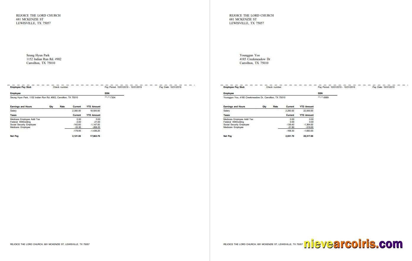 Rejoice The Lord Church pay stub